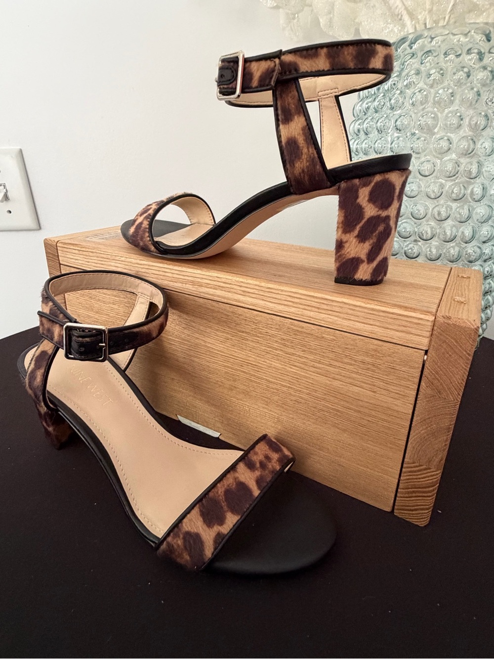 Nine West Leopard Print Ankle-Strap Block Heels - Brown/Black New